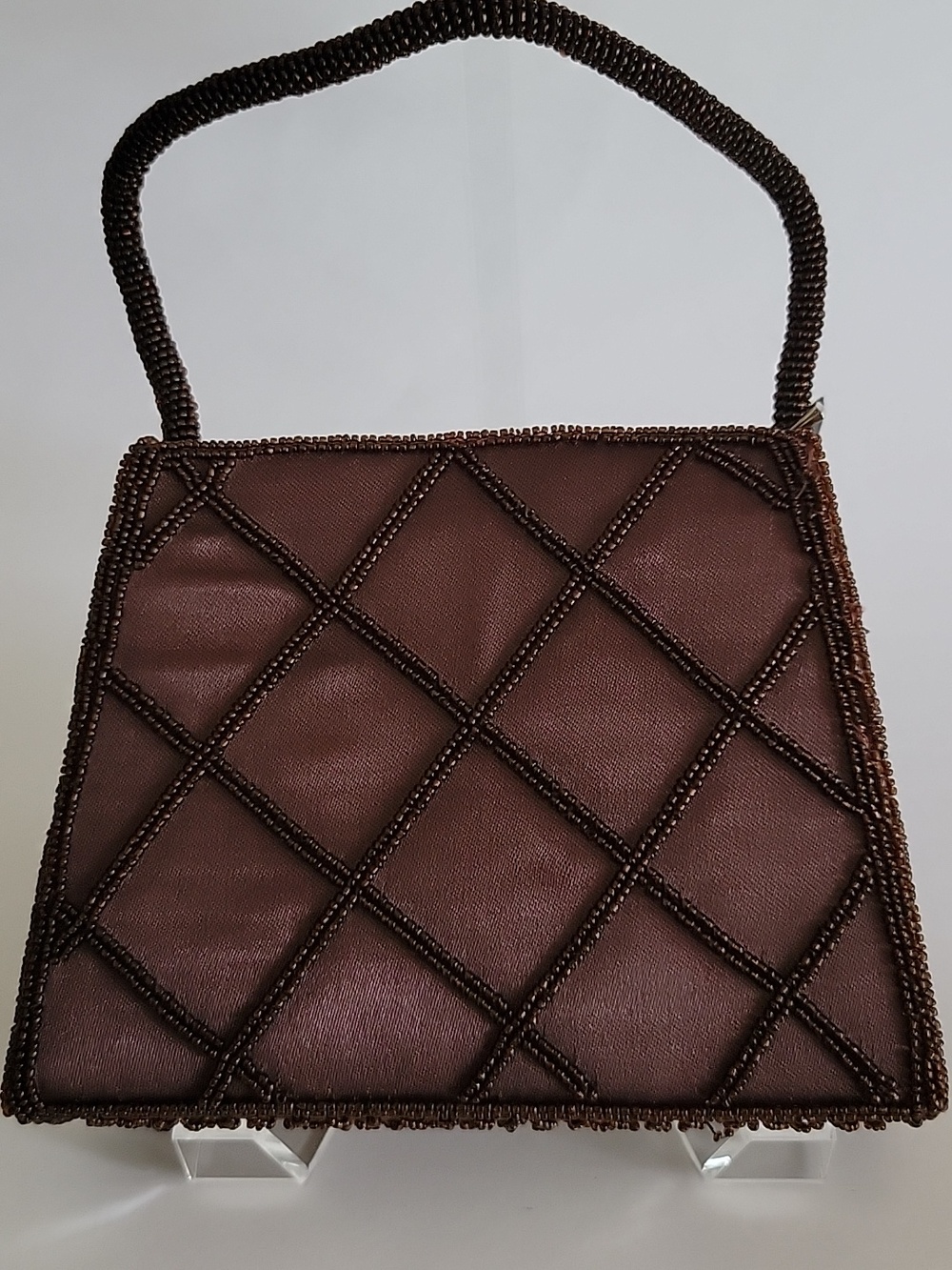 BIJOUX TERNER BROWN SATIN WITH SEED BEADS MINI EVENING BAG